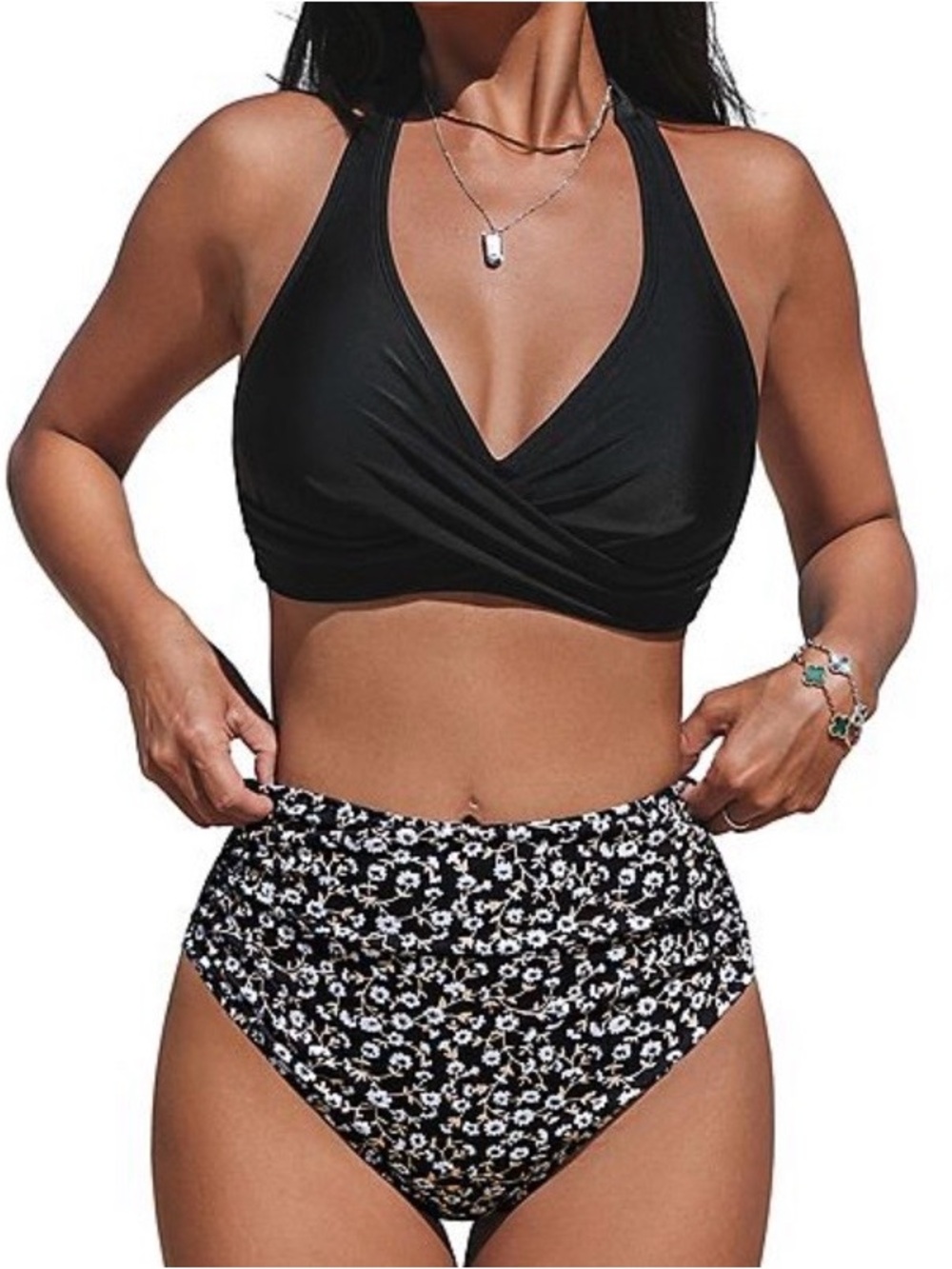 CUPSHE MEDIUM Twist Front Top High Waist Bottom Black Ditsy Floral Bikini New x